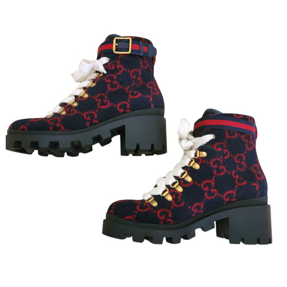 Gucci GG Monogram Wool Lace-Up Web Combat Platform Boots Navy Red 37.5 7.5 - Picture 3 of 13
